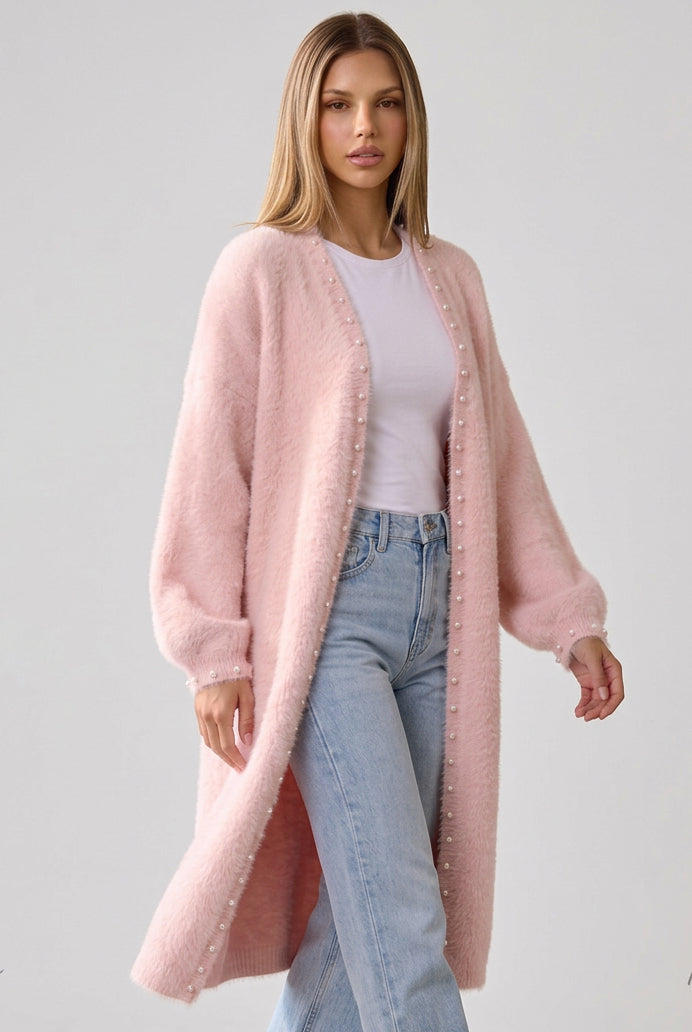 Pale Pink Eyelash Knit Oversized Cocoon Open-Front Cardigan Flowering Girl