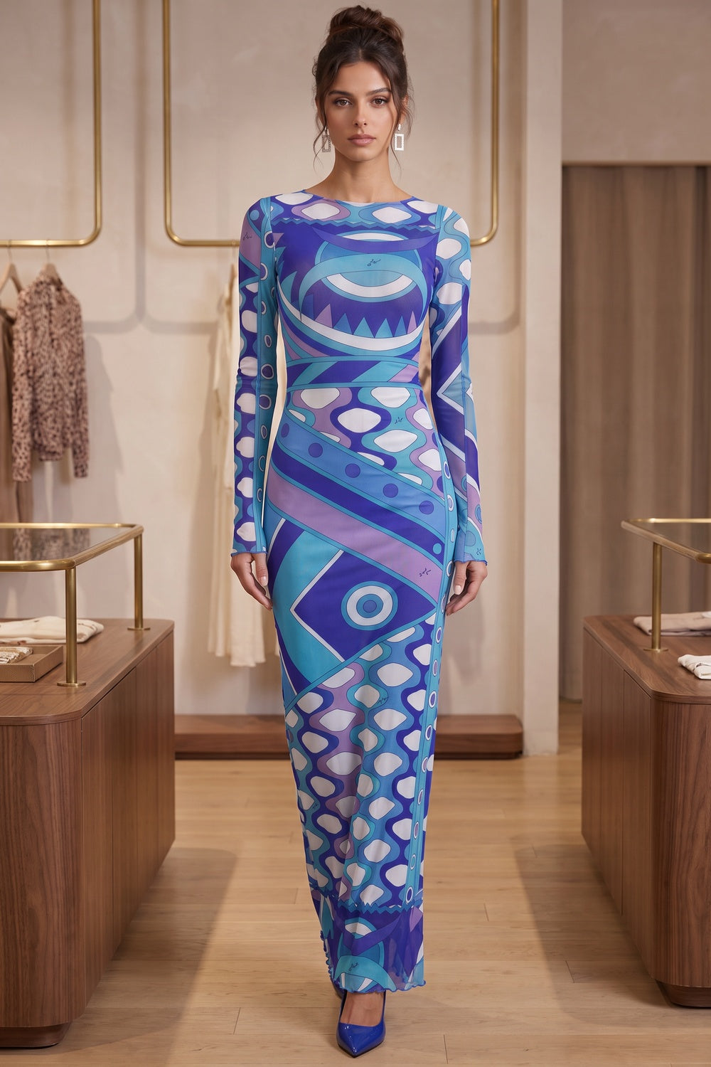 Blue Purple Geometric Abstract Column Maxi Dress in Stretch Mesh Flowering Girl