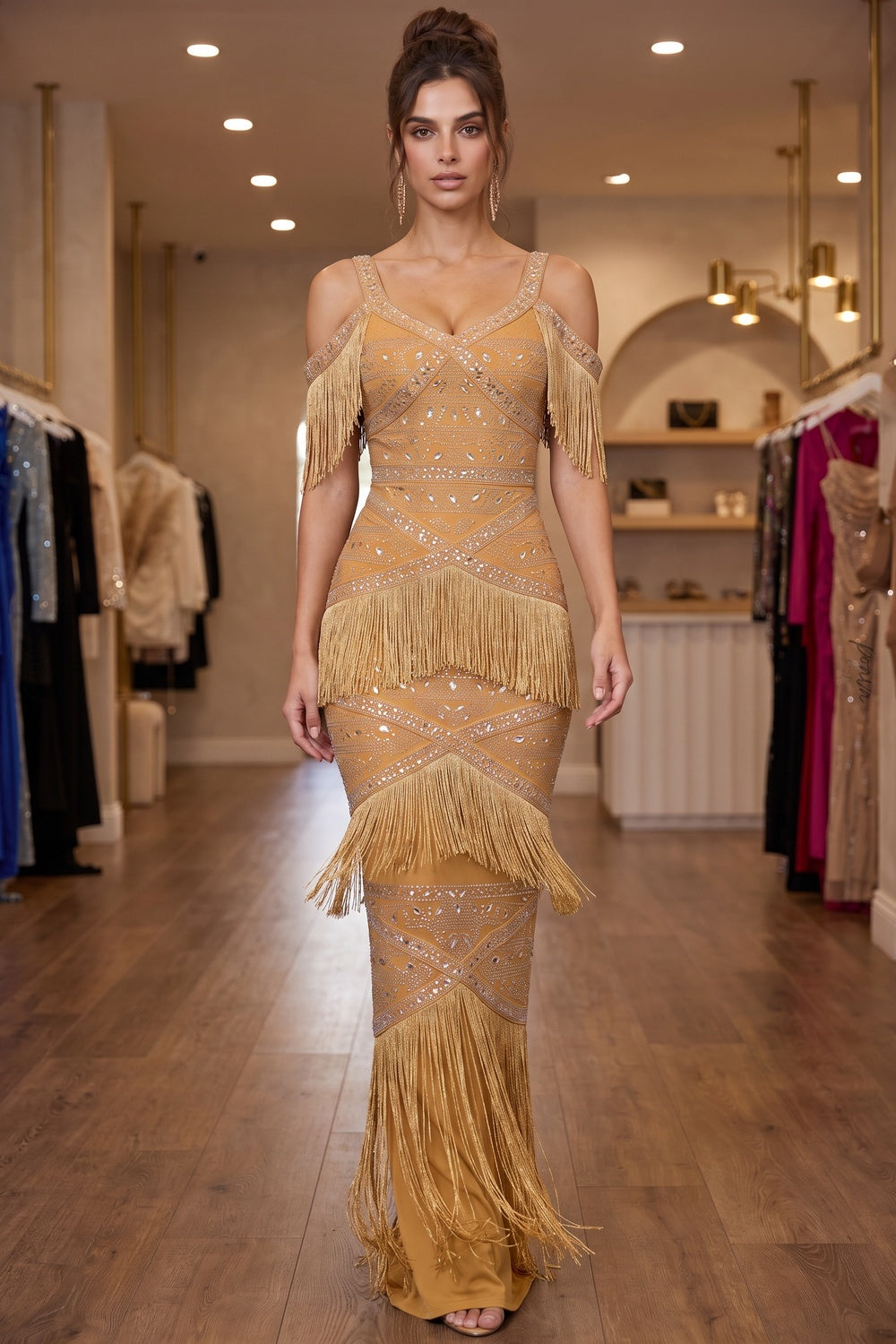 Mustard Gold Fringe Evening Gown with Rhinestone Embellishment Flowering Girl