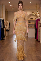 Mustard Gold Fringe Evening Gown with Rhinestone Embellishment Flowering Girl