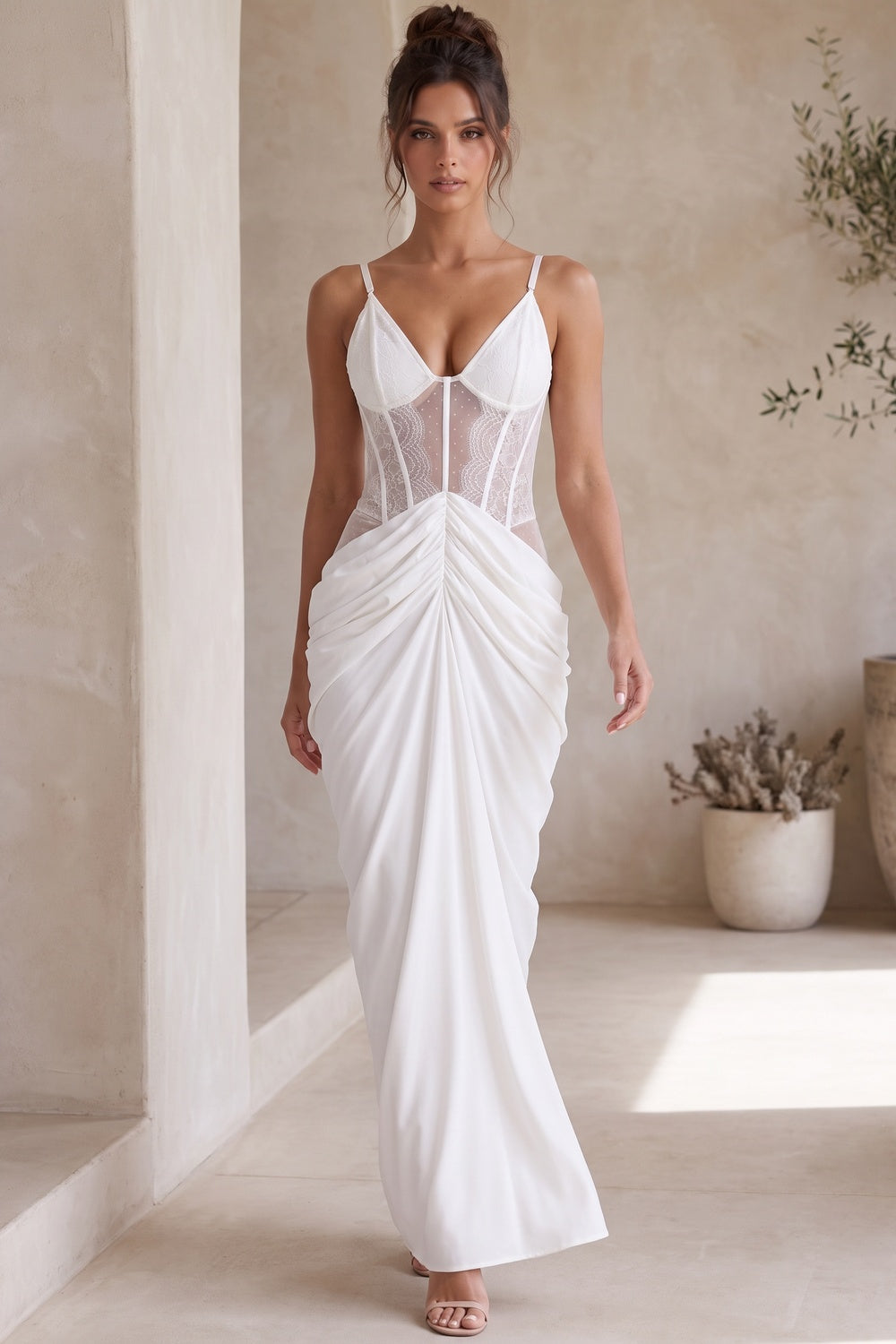 White Crepe Maxi Dress with Corset Lace Bodice and Draped Skirt Flowering Girl
