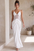 White Crepe Maxi Dress with Corset Lace Bodice and Draped Skirt Flowering Girl