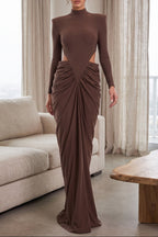 Chocolate Brown Matte Jersey Column Gown with Structured Shoulders Flowering Girl