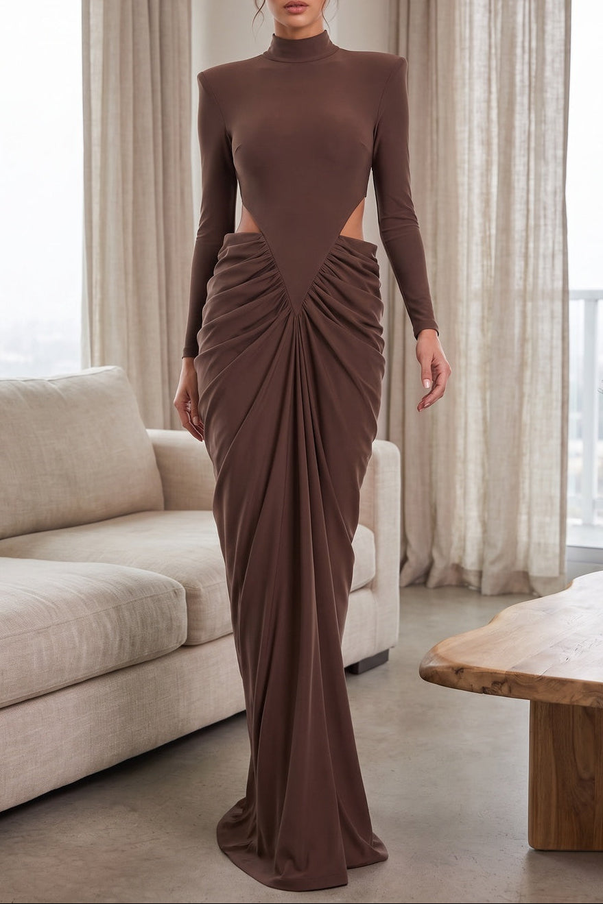Chocolate Brown Matte Jersey Column Gown with Structured Shoulders Flowering Girl