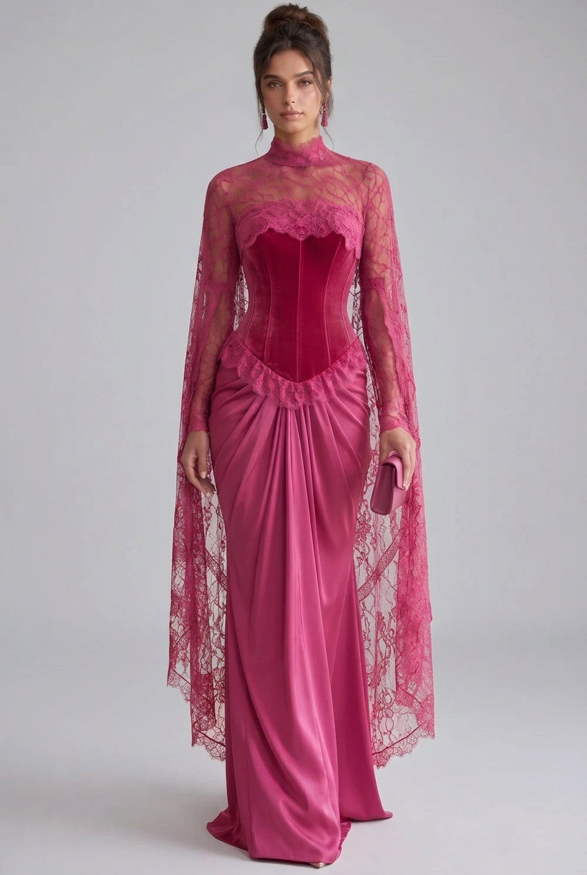 Magenta Velvet Corset-Bodice Draped Gown Flowering Girl