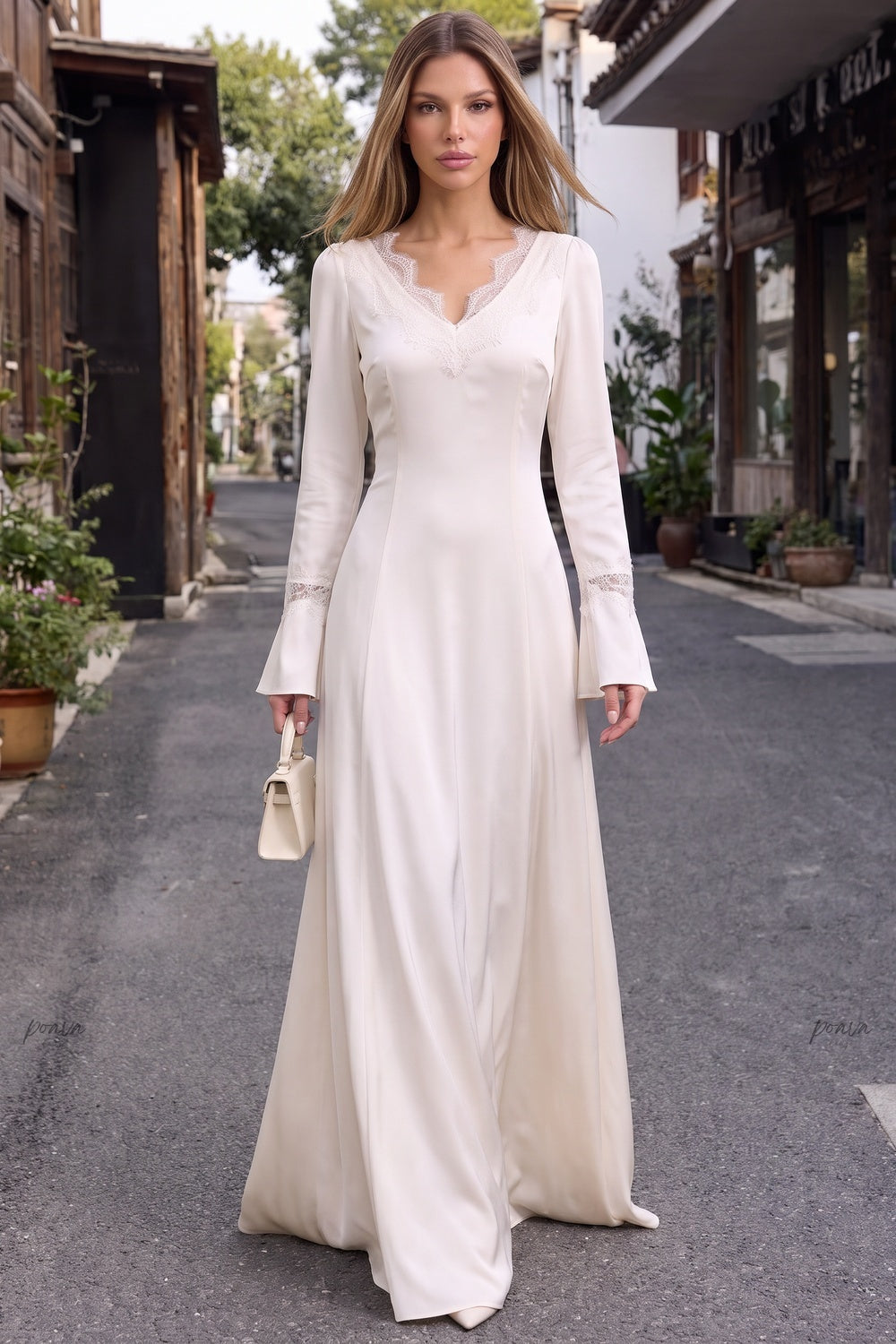 Off-White Satin A-Line Floor-Length Dress with Lace Detailing Flowering Girl