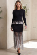 Black Ribbed Knit Two-Piece Set with Metallic Pleated Peplum Flowering Girl