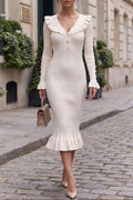 Cream Ribbed Knit Fitted Sheath Midi Dress with Ruffle Trim Flowering Girl