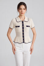 Cream Ribbed Knit Peplum Short-Sleeve Cardigan Flowering Girl