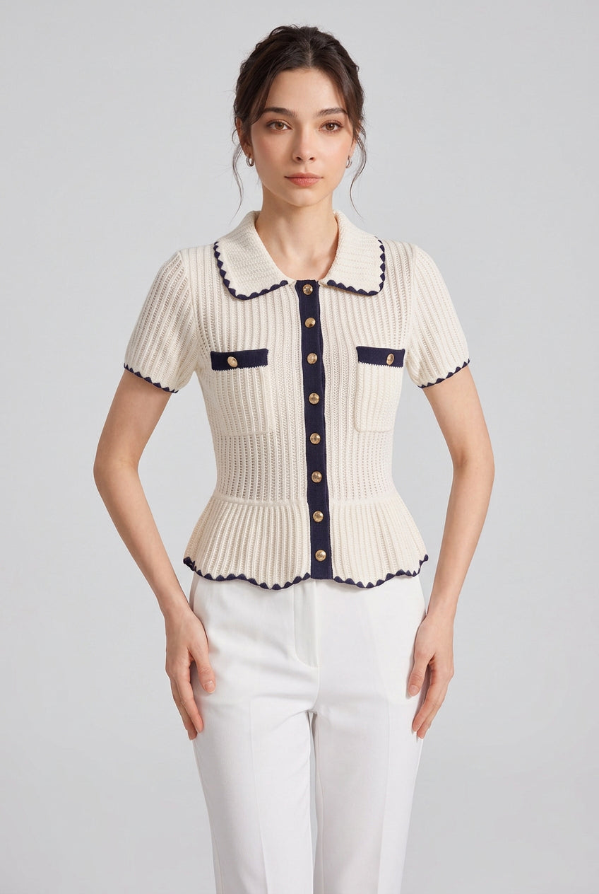 Cream Ribbed Knit Peplum Short-Sleeve Cardigan Flowering Girl