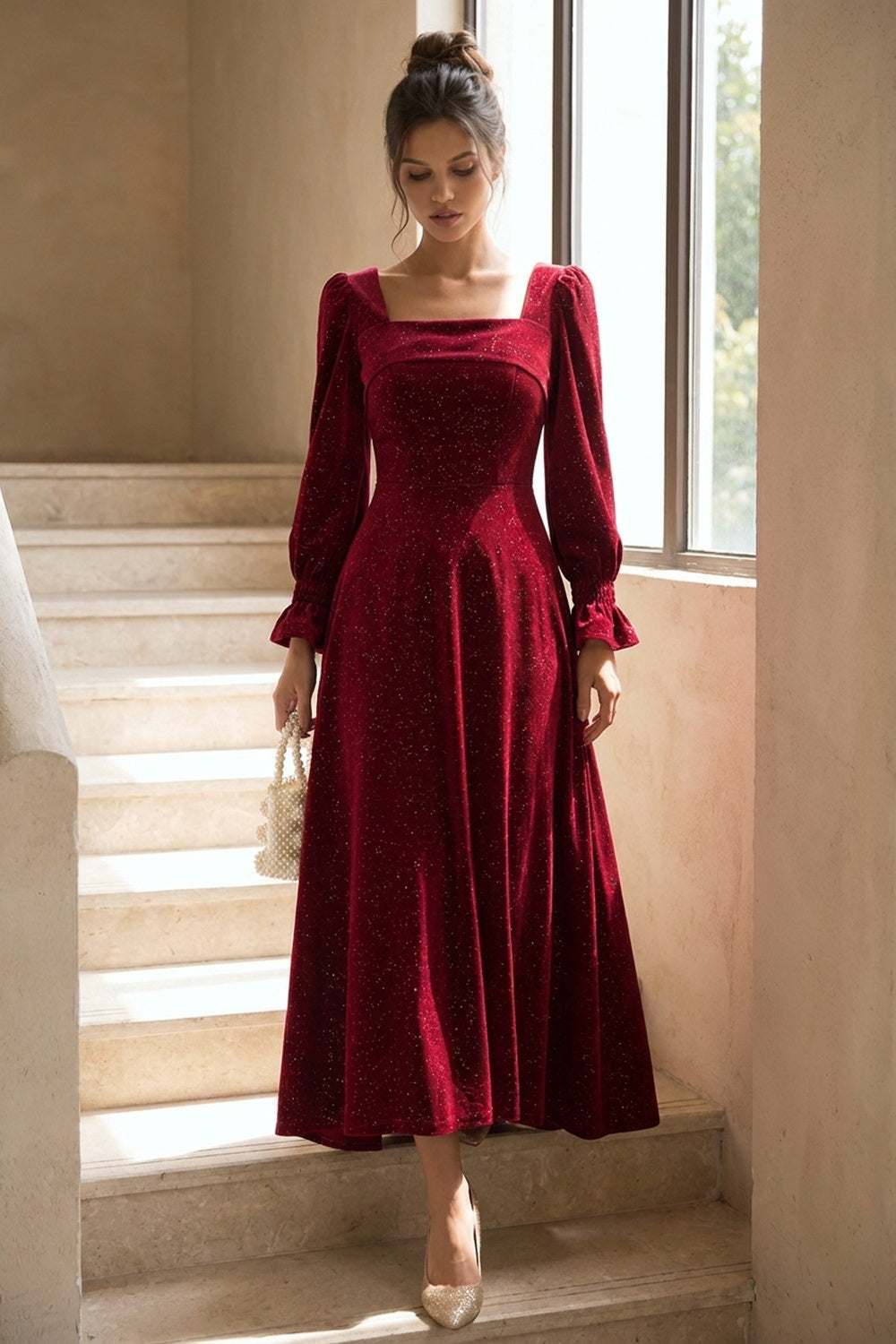 Burgundy Sparkle Square-Neck Midi Dress Flowering Girl