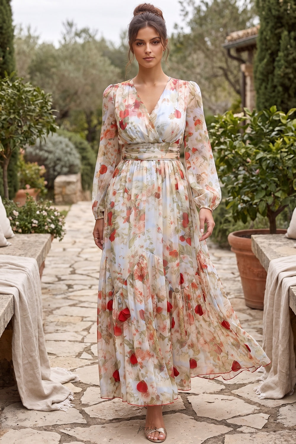Cream Chiffon A-Line Tiered Maxi Dress Flowering Girl