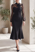 Black Crepe Mermaid Dress with Sheer Floral Lace Sleeves Flowering Girl