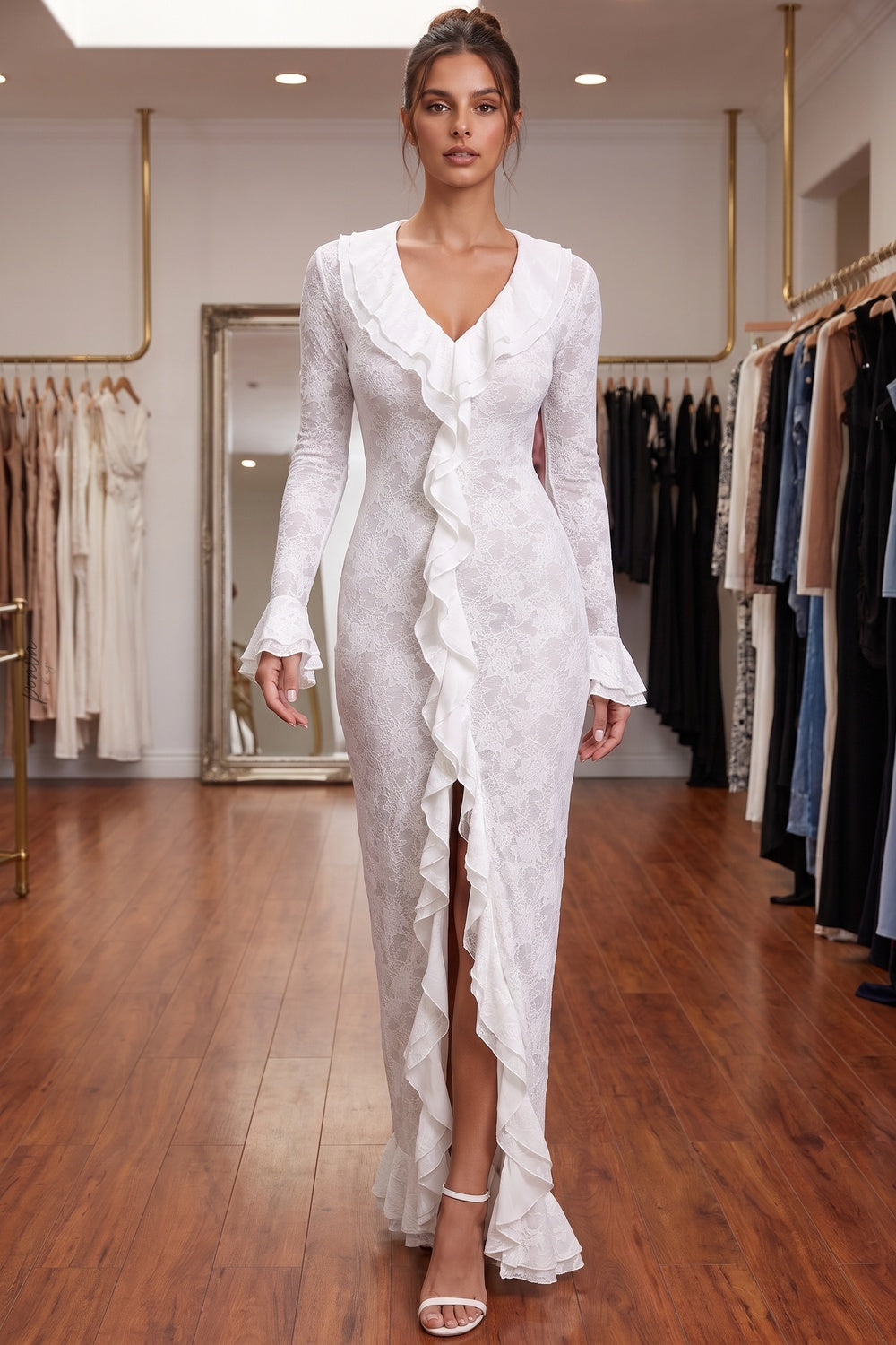 White Floral Stretch Lace Sheath Maxi Dress Flowering Girl