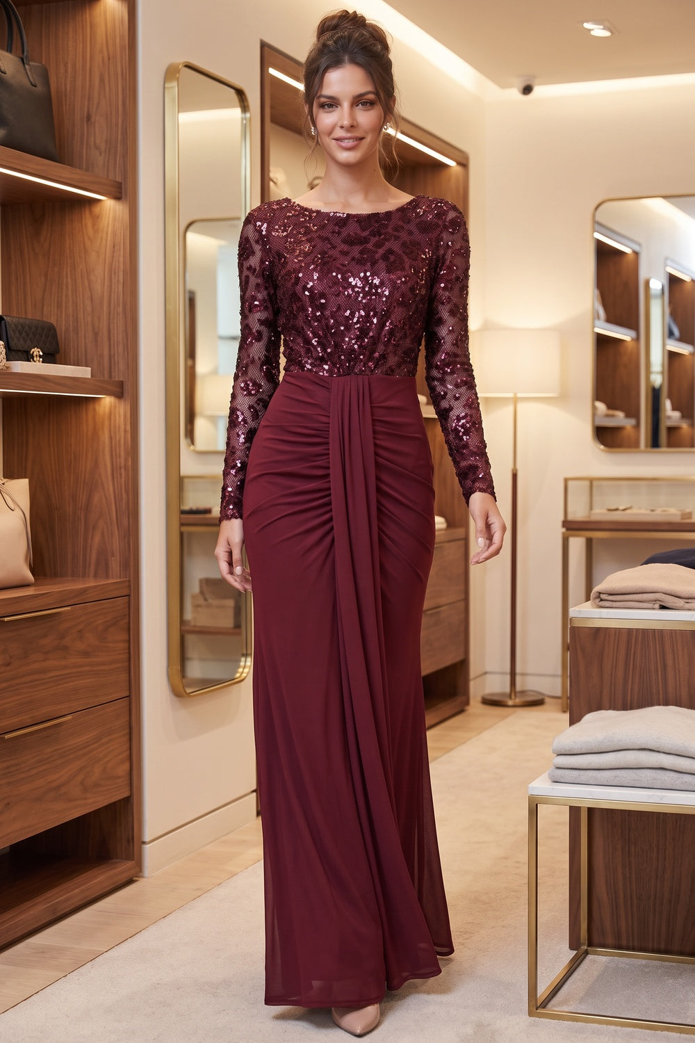 burgundy sequined mesh column evening gown Flowering Girl
