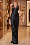 Black Satin Column Evening Gown Flowering Girl