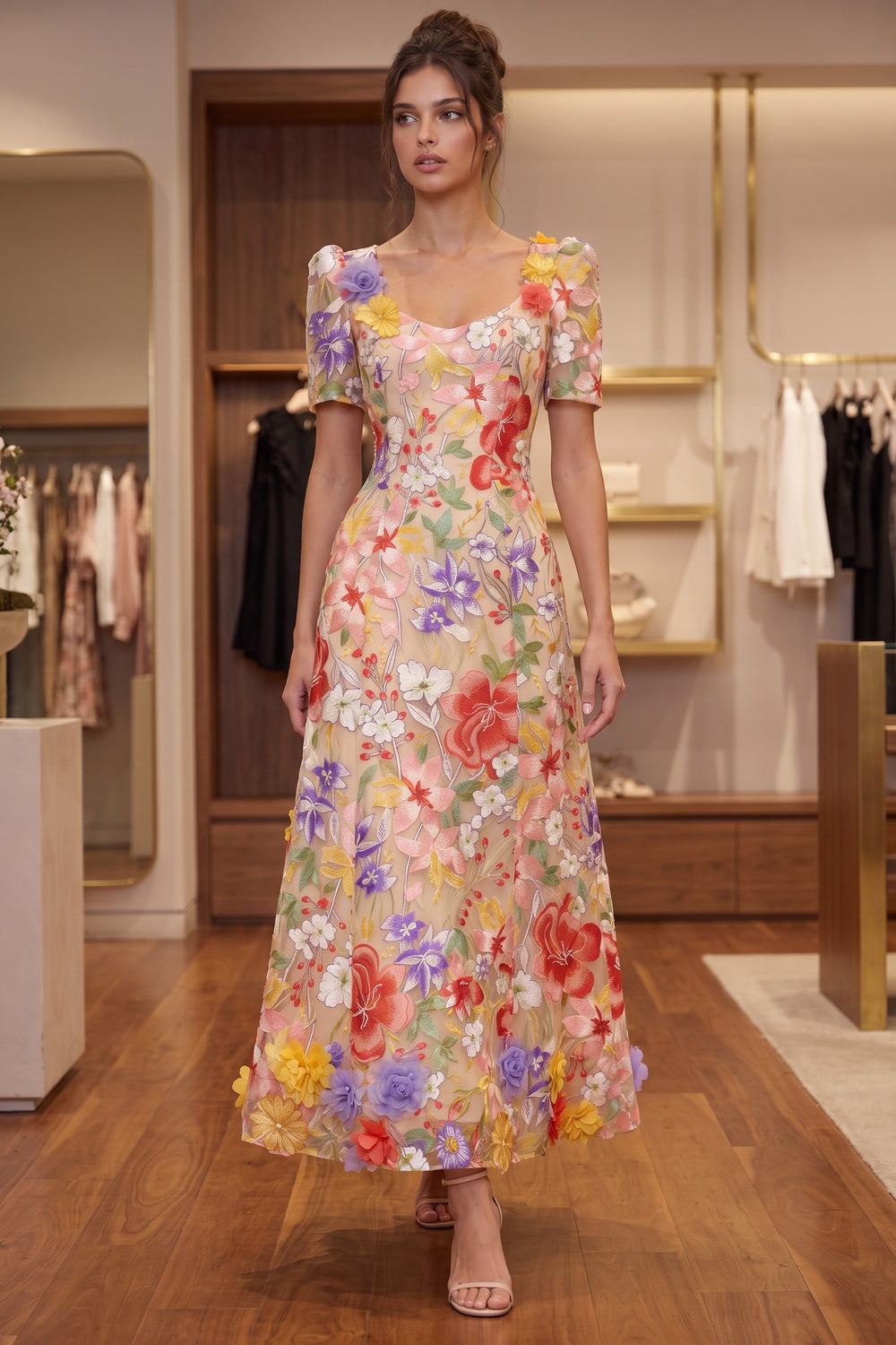 Nude Sheer Organza A-Line Midi Dress with Multicolor 3D Floral Embroidery Flowering Girl