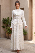 Ivory Floral Embroidered Lace A-line Maxi Dress with Tiered Waist Overlay Flowering Girl