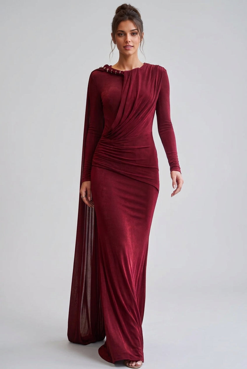 Burgundy Metallic Jersey Column Evening Gown Flowering Girl