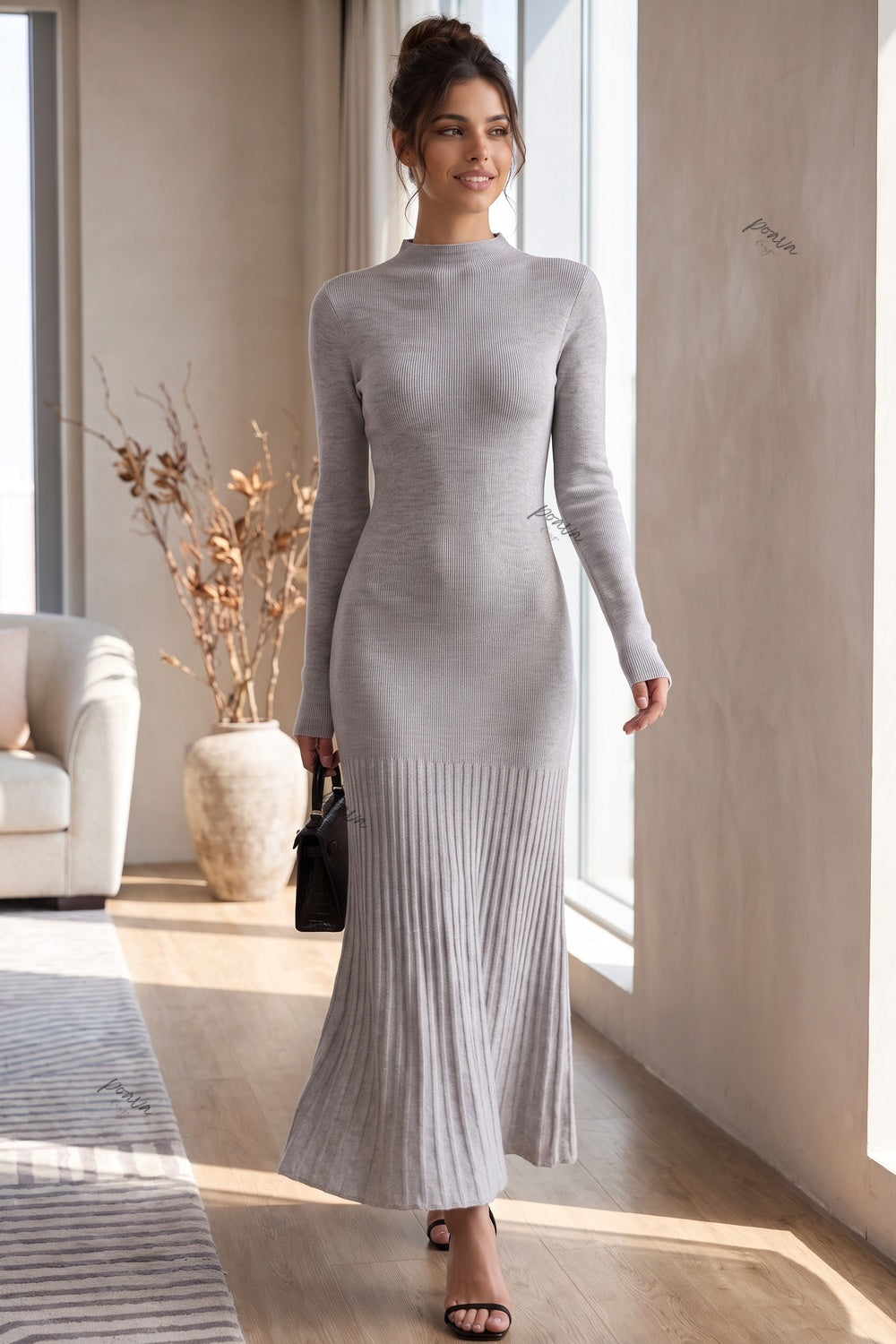 Heather Grey Ribbed Knit Column-to-Flare Dress Flowering Girl