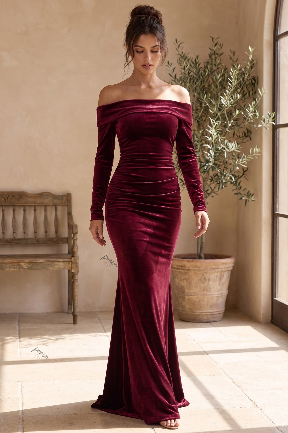Burgundy Velvet Mermaid Evening Gown Flowering Girl