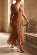 Brown Sheer Tulle Mesh Tiered Cocoon Dress Flowering Girl