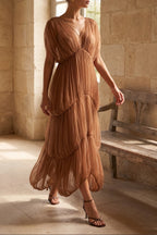 Brown Sheer Tulle Mesh Tiered Cocoon Dress Flowering Girl