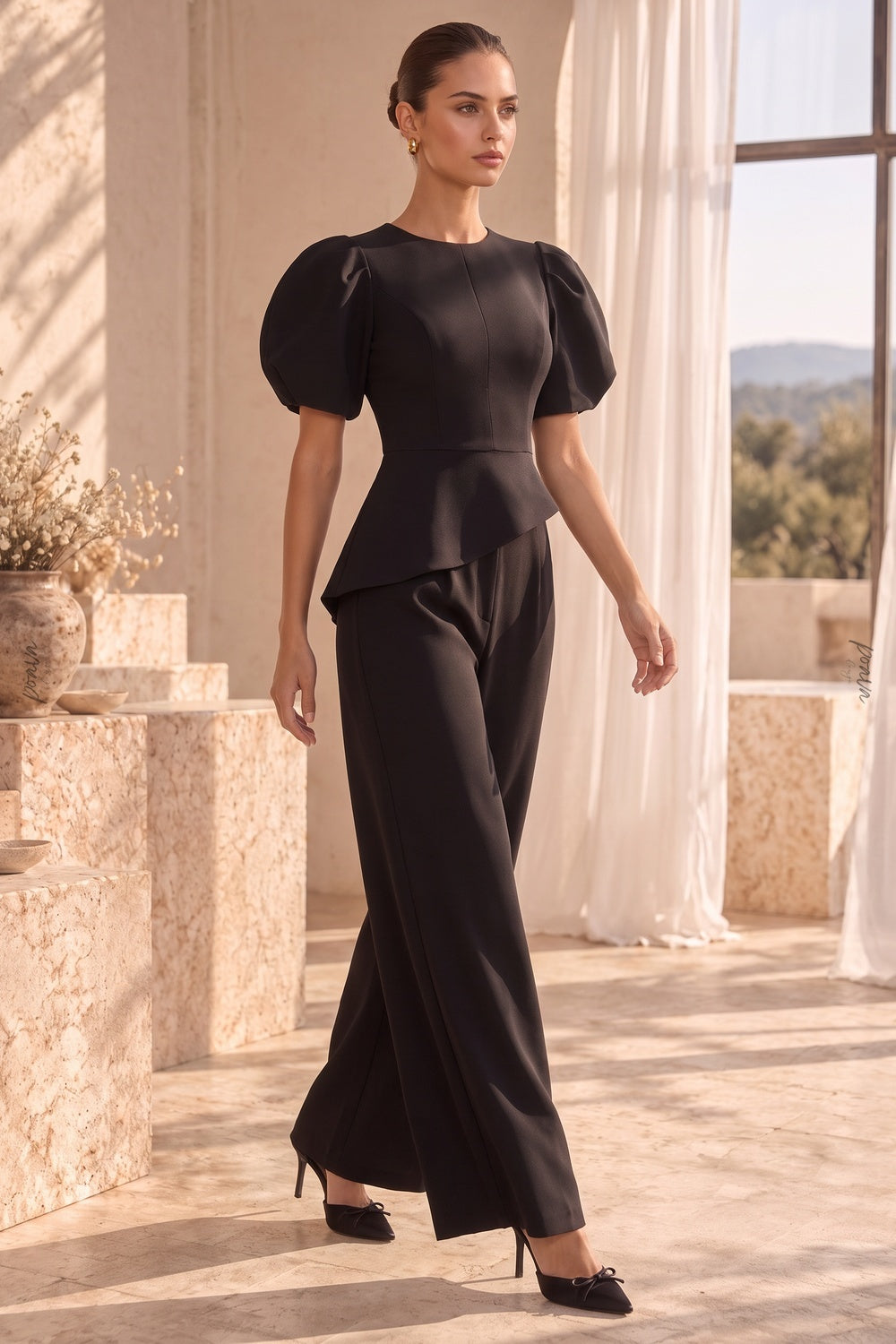 Black Structured Crepe Two-Piece Set with Puff Sleeves and Asymmetrical Peplum Flowering Girl