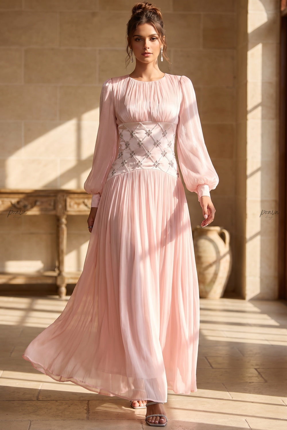 Pale Pink Chiffon A-Line Maxi Dress with Embellished Waist Flowering Girl