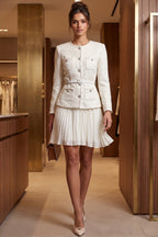 Off-White Tweed Skirt Suit Set with Peplum Jacket and Pleated Mini Skirt Flowering Girl