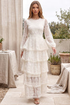 Off-white embroidered lace on mesh base tiered A-line maxi dress Flowering Girl