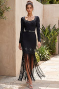Black Heavy Bandage Knit Fitted Column Evening Gown Flowering Girl