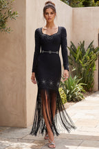 Black Heavy Bandage Knit Fitted Column Evening Gown Flowering Girl