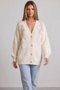Cream Bouclé Knit Oversized Cardigan with Pearl Shoulder Embellishments Flowering Girl