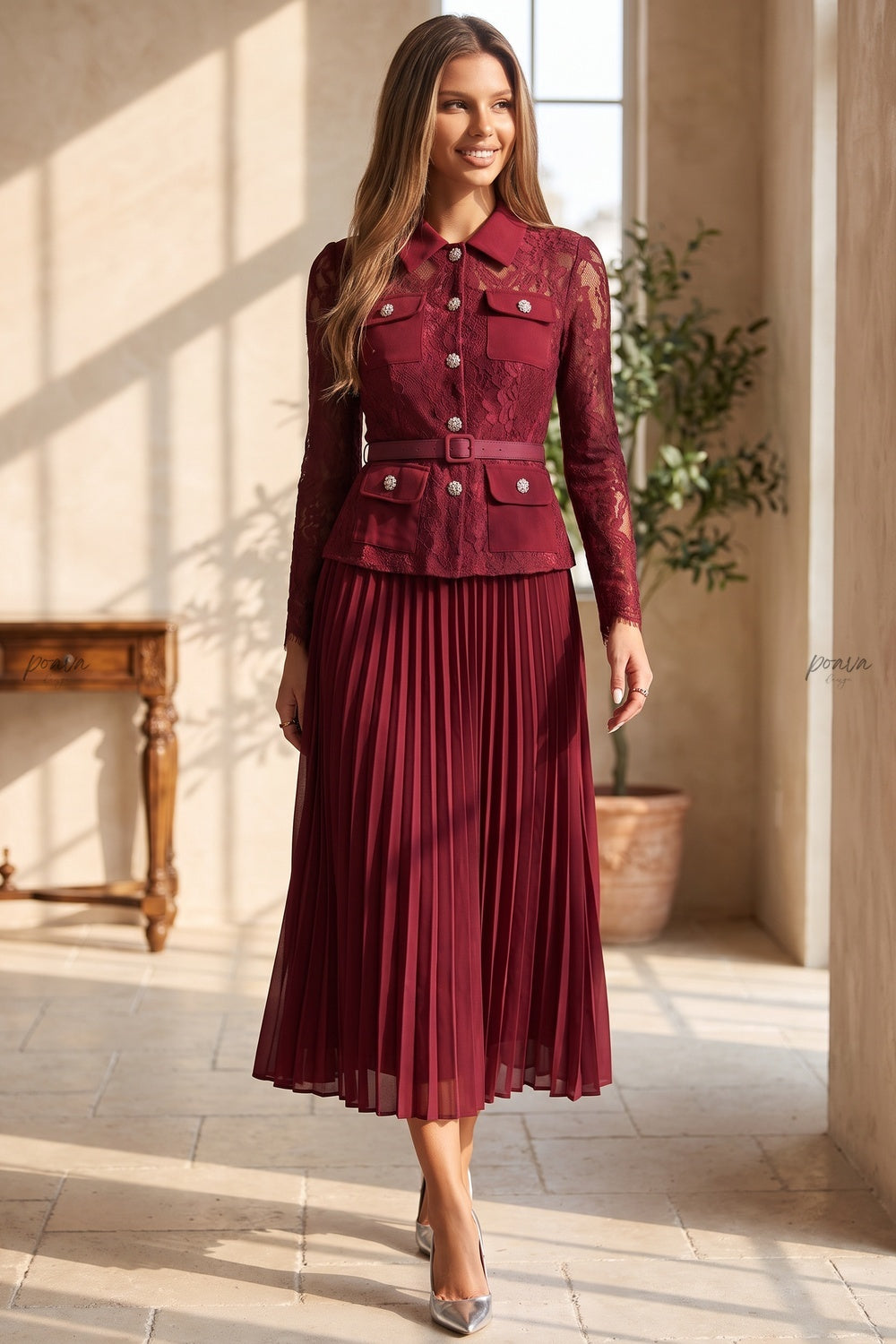 Burgundy Floral Lace Fitted Belted Jacket with Peplum and A-Line Pleated Skirt Two-Piece Set Flowering Girl
