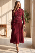 Burgundy Floral Lace Fitted Belted Jacket with Peplum and A-Line Pleated Skirt Two-Piece Set Flowering Girl