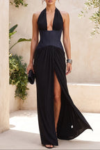 Black Two-Tone Halter Gown with Structured Corset Waist and High Slit Flowering Girl