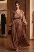 Bronze Brown Pleated Satin-Georgette Blend Maxi Dress Flowering Girl