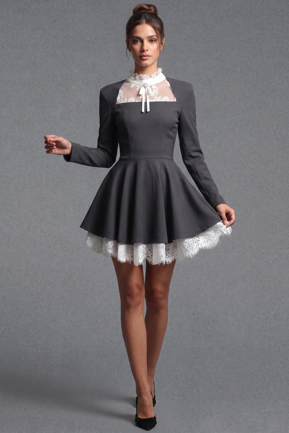 Dark Grey Structured Woven Suiting Fit-and-Flare Mini Dress Flowering Girl