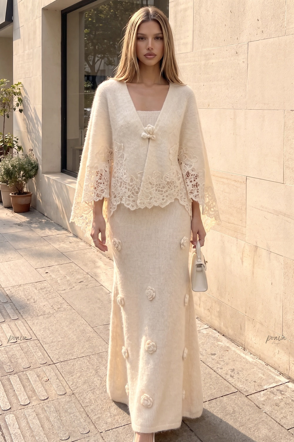 Cream Fuzzy Mohair-Blend Two-Piece Knit Set with Capelet and Rose Appliqué Maxi Dress Flowering Girl