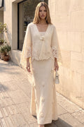 Cream Fuzzy Mohair-Blend Two-Piece Knit Set with Capelet and Rose Appliqué Maxi Dress Flowering Girl