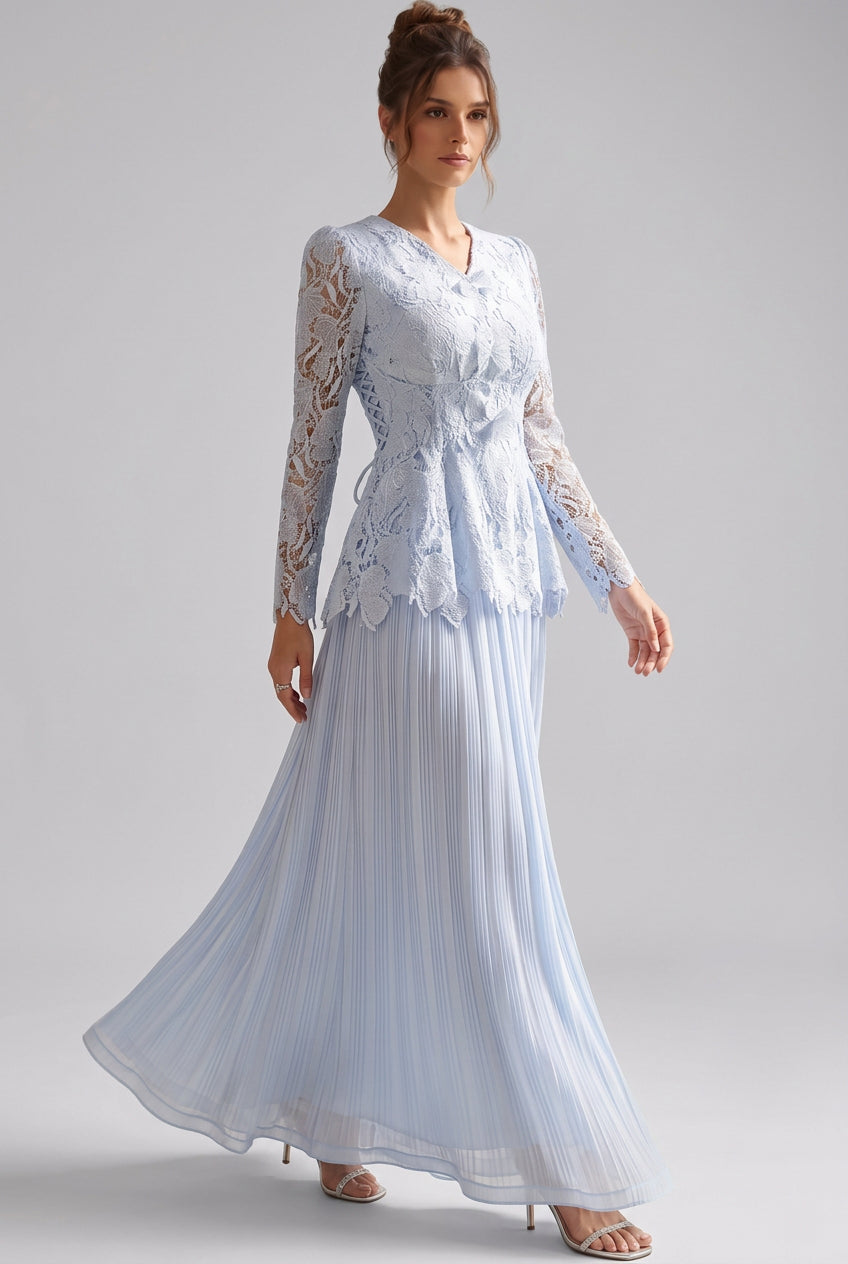 Light Blue Floral Lace Peplum Top & Pleated Maxi Skirt Two-Piece Dress Set Flowering Girl