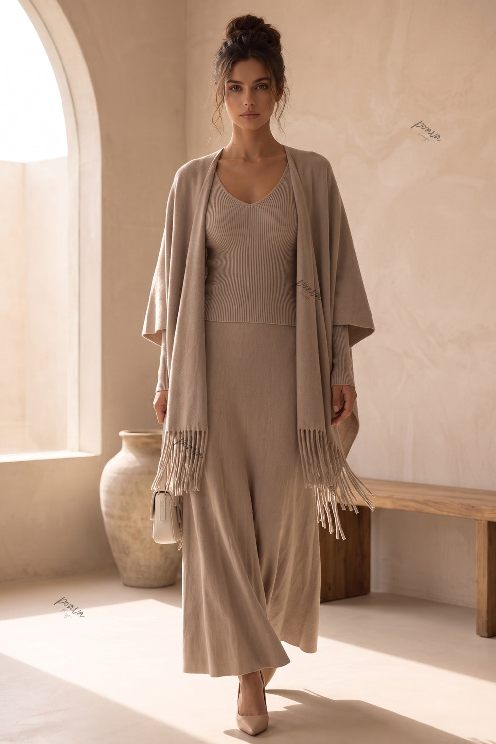 Beige Ribbed Knit Two-Piece Dress and Fringed Shawl Set Flowering Girl