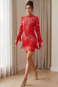 Red Heavy Stretch Knit Bodycon Mini Dress with Silver Crystal Fringe Flowering Girl