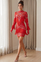 Red Heavy Stretch Knit Bodycon Mini Dress with Silver Crystal Fringe Flowering Girl