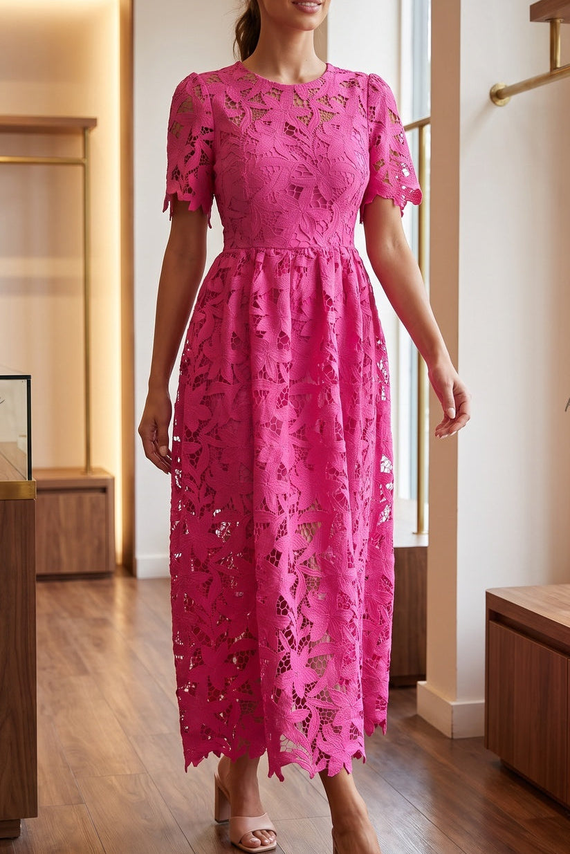 Magenta Guipure Lace A-Line Midi Dress Flowering Girl