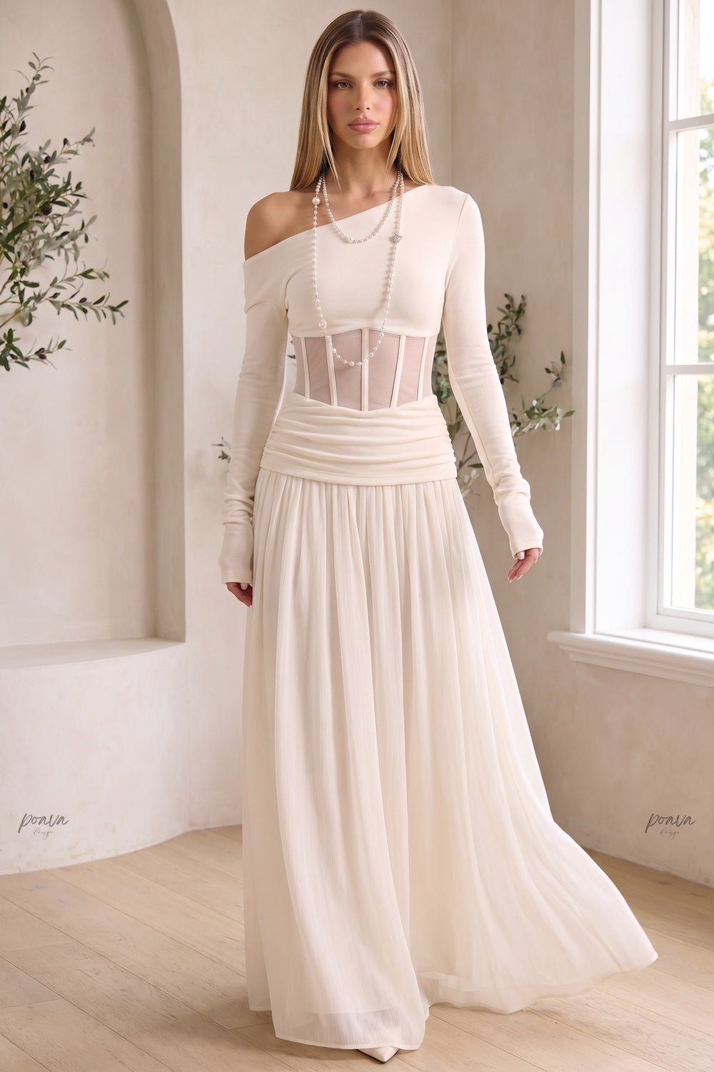 Cream Asymmetrical Off-The-Shoulder Maxi Dress with Sheer Corset Waist Flowering Girl