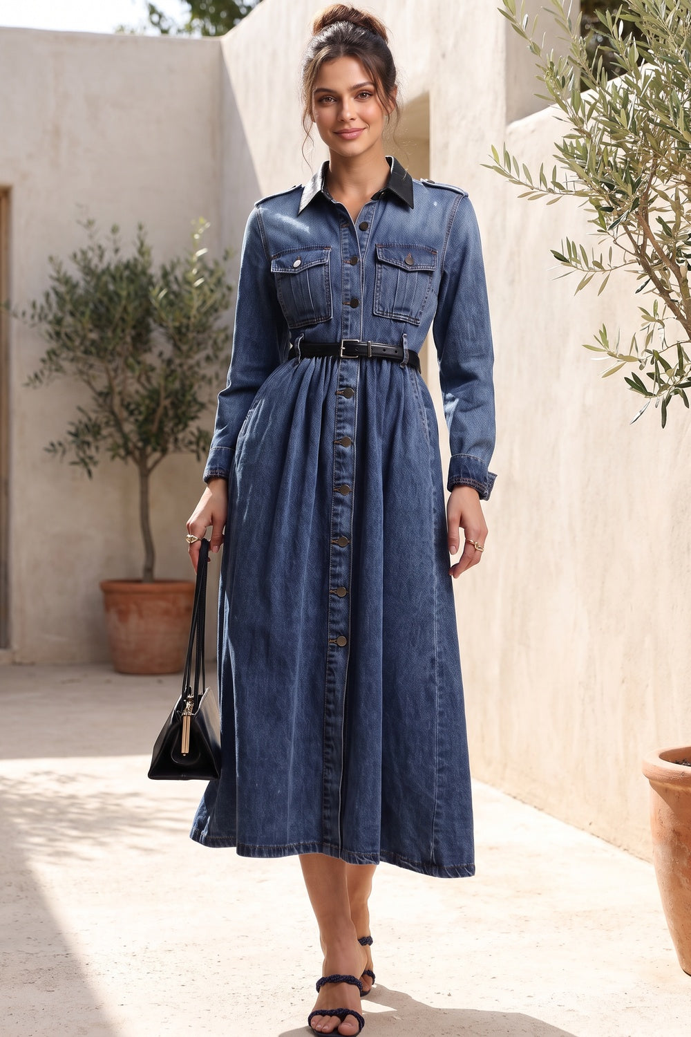 Medium Blue Denim A-Line Shirt Dress with Contrast Collar Flowering Girl