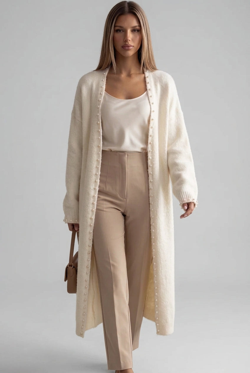 cream fuzzy knit straight oversized open-front long cardigan Flowering Girl