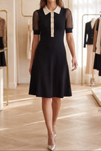 Black Fine Knit A-Line Dress with Contrast Collar Flowering Girl